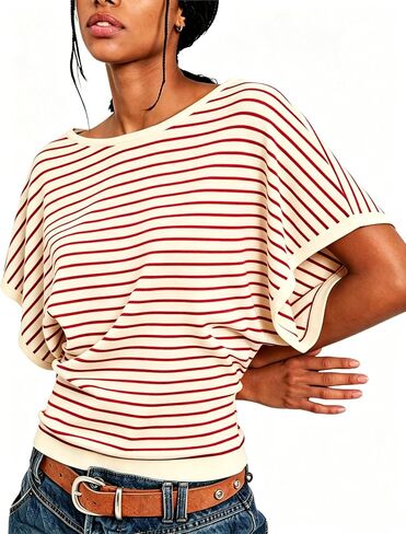 Boat Neck Batwing Tops for Women Cinched Waist Short Sleeve Loose Fit Tshirt Y2K Going Out Causal Tee Blouse in Kuwait