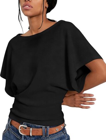 Boat Neck Batwing Tops for Women Cinched Waist Short Sleeve Loose Fit Tshirt Y2K Going Out Causal Tee Blouse in Kuwait