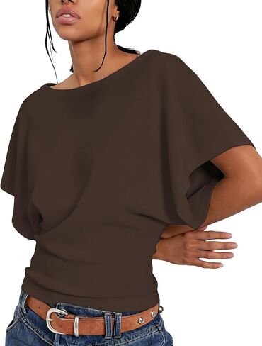 Boat Neck Batwing Tops for Women Cinched Waist Short Sleeve Loose Fit Tshirt Y2K Going Out Causal Tee Blouse in Kuwait