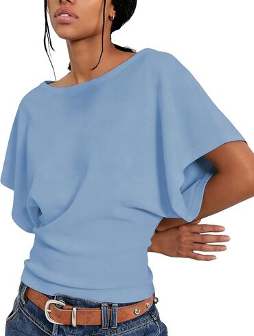 Boat Neck Batwing Tops for Women Cinched Waist Short Sleeve Loose Fit Tshirt Y2K Going Out Causal Tee Blouse in Kuwait