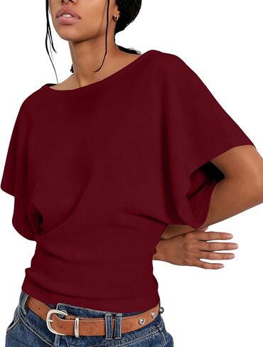 Boat Neck Batwing Tops for Women Cinched Waist Short Sleeve Loose Fit Tshirt Y2K Going Out Causal Tee Blouse in Kuwait