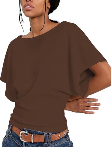 Boat Neck Batwing Tops for Women Cinched Waist Short Sleeve Loose Fit Tshirt Y2K Going Out Causal Tee Blouse in Kuwait