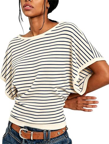 Boat Neck Batwing Tops for Women Cinched Waist Short Sleeve Loose Fit Tshirt Y2K Going Out Causal Tee Blouse in Kuwait