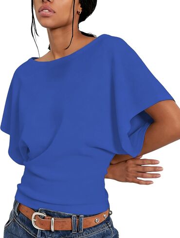 Boat Neck Batwing Tops for Women Cinched Waist Short Sleeve Loose Fit Tshirt Y2K Going Out Causal Tee Blouse in Kuwait