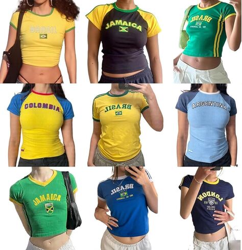 Womens Vintage Graphic Baby Tees Brazil Mexico Shirt Summer Y2k Going Out Crop Top 90s Streetwear in Kuwait