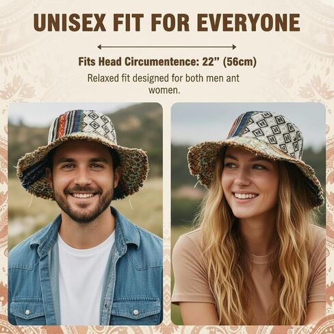 Frayed Patchwork Bucket Hat - One-of-A-Kind Style Multicolored Mushroom Hemp Hat for Women Men Beach Festival Wear 21.65 Inches in Saudi Arabia