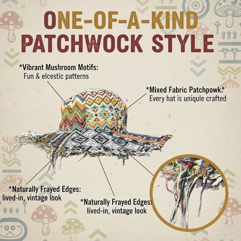 Frayed Patchwork Bucket Hat - One-of-A-Kind Style Multicolored Mushroom Hemp Hat for Women Men Beach Festival Wear 21.65 Inches in Saudi Arabia