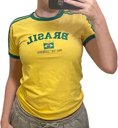 Womens Vintage Graphic Baby Tees Brazil Mexico Shirt Summer Y2k Going Out Crop Top 90s Streetwear in Kuwait