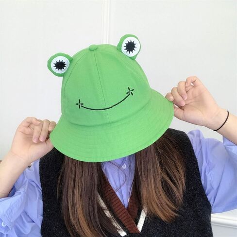 HOMIEBUDS SPPRANDOM Yasirona WallDecalsAndArt Cute Green Frog Bucket Hat, Summer Cotton Bucket Sunhat for Adults Womens Wide Brim Fisherman Fun Bucket Hat in Kuwait