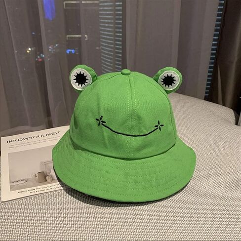 HOMIEBUDS SPPRANDOM Yasirona WallDecalsAndArt Cute Green Frog Bucket Hat, Summer Cotton Bucket Sunhat for Adults Womens Wide Brim Fisherman Fun Bucket Hat in Kuwait