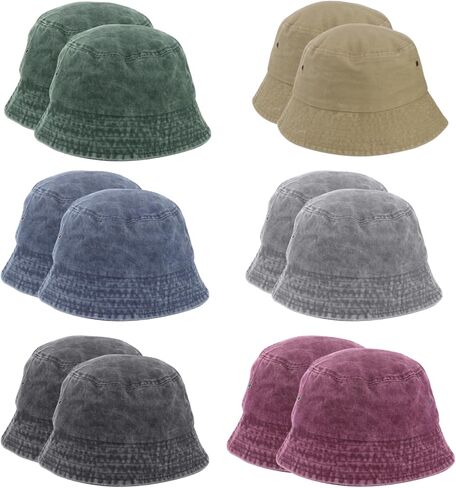12 PCS Washed Cotton Bucket Hats Bulk - Unisex Denim Short-Brimmed Fisherman Hat, 6 Assorted Colors Casual Cotton Sun Bucket Hats for Men Women, Outdoor Cap for Adults in Saudi Arabia