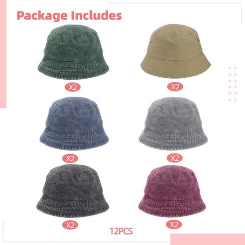 12 PCS Washed Cotton Bucket Hats Bulk - Unisex Denim Short-Brimmed Fisherman Hat, 6 Assorted Colors Casual Cotton Sun Bucket Hats for Men Women, Outdoor Cap for Adults in Saudi Arabia