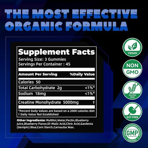 Creatine Monohydrate Gummies (5g) – Pre-Workout Energy & Muscle Growth Support for Men & Women | Blueberry Electrolyte Gummies (135 Count) in Kuwait