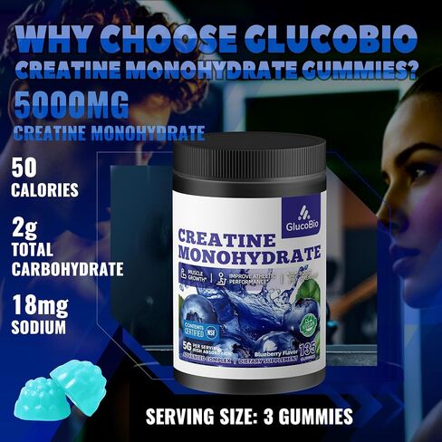 Creatine Monohydrate Gummies (5g) – Pre-Workout Energy & Muscle Growth Support for Men & Women | Blueberry Electrolyte Gummies (135 Count) in Kuwait