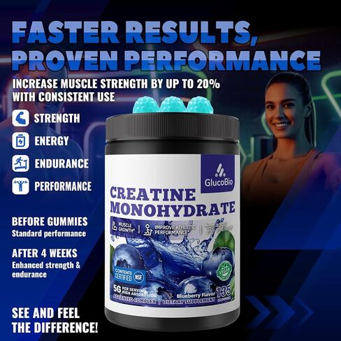 Creatine Monohydrate Gummies (5g) – Pre-Workout Energy & Muscle Growth Support for Men & Women | Blueberry Electrolyte Gummies (135 Count) in Kuwait