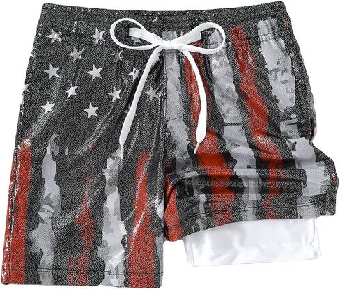 Boys USA Flag Swim Trunks Quick Dry Board Shorts with Compression Liner Bathing Suit Kids Beach Swimsuits in Kuwait