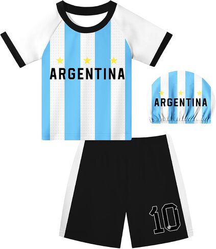 Kids Boys Rash Guard Swimsuit Soccer Graphic Short Sleeve Top Trunks and Cap 4-12 Years in Kuwait
