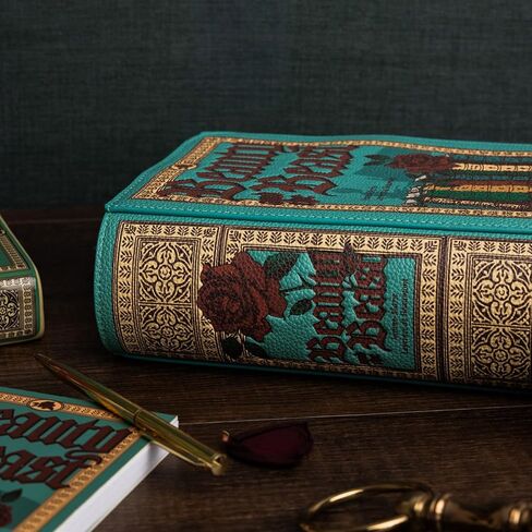 حقيبة كروس من الجلد النباتي على شكل كتاب من Steel Mill & Co، محفظة كتب لطيفة مع غطاء منقوش، سحاب إشارة مرجعية، حلية حقيبة، وحزام قابل للتعديل (Beauty and the Beast) in Kuwait