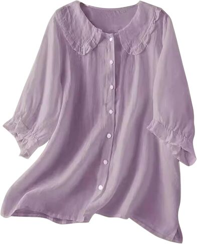 Cotton Tops for Women Button Down Lapel Neck Pure T-Shirts Button Lightweight Flowy Cozy Blouse Tunic Tees in Kuwait