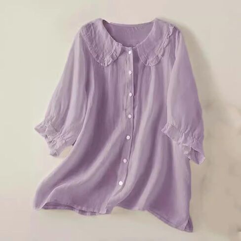 Cotton Tops for Women Button Down Lapel Neck Pure T-Shirts Button Lightweight Flowy Cozy Blouse Tunic Tees in Kuwait