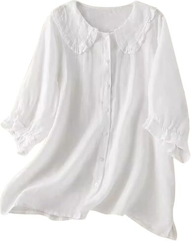 Cotton Tops for Women Button Down Lapel Neck Pure T-Shirts Button Lightweight Flowy Cozy Blouse Tunic Tees in Kuwait
