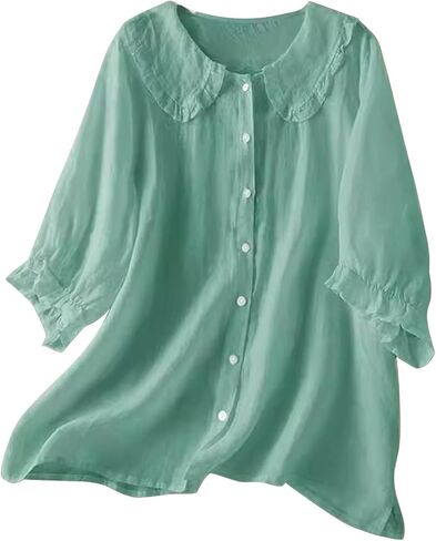 Cotton Tops for Women Button Down Lapel Neck Pure T-Shirts Button Lightweight Flowy Cozy Blouse Tunic Tees in Kuwait