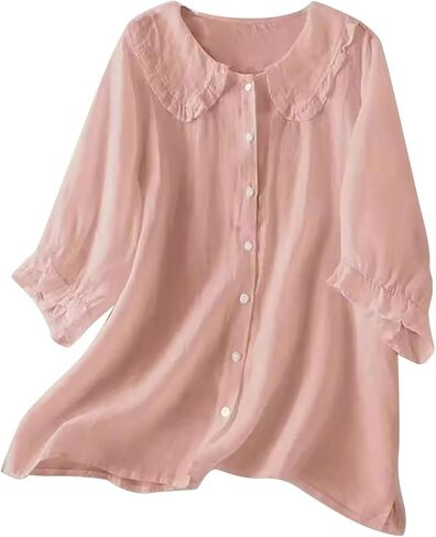 Cotton Tops for Women Button Down Lapel Neck Pure T-Shirts Button Lightweight Flowy Cozy Blouse Tunic Tees in Kuwait