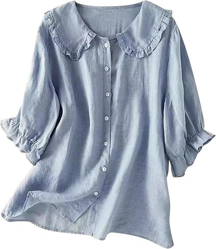 Cotton Tops for Women Button Down Lapel Neck Pure T-Shirts Button Lightweight Flowy Cozy Blouse Tunic Tees in Kuwait