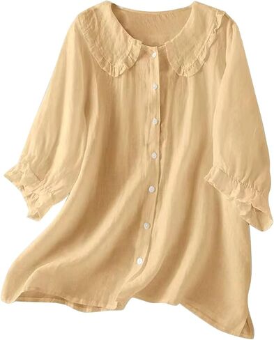 Cotton Tops for Women Button Down Lapel Neck Pure T-Shirts Button Lightweight Flowy Cozy Blouse Tunic Tees in Kuwait