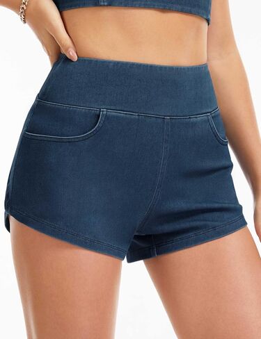 THE GYM PEOPLE Women's High Waisted Jean Shorts Stretchy Pull On Side Slit Denim Short with Pockets in Kuwait