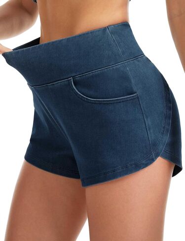 THE GYM PEOPLE Women's High Waisted Jean Shorts Stretchy Pull On Side Slit Denim Short with Pockets in Kuwait