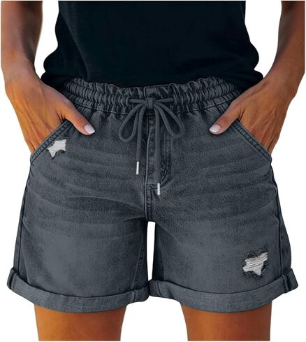 Jean Shorts for Women Elastic Waist Drawstring Distressed Ripped Denim Summer Hot Short Casual Fashion Stretchy Jorts in Kuwait