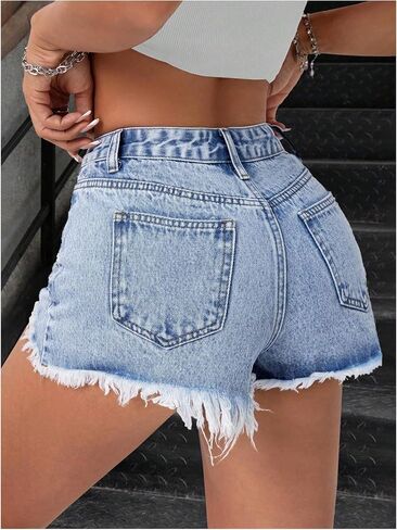 شورت جينز نسائي ممزق وممزق من OYOANGLE Y2K بحاشية متوترة شورت قصير من قماش الدنيم ملابس الشارع Jorts in Saudi Arabia