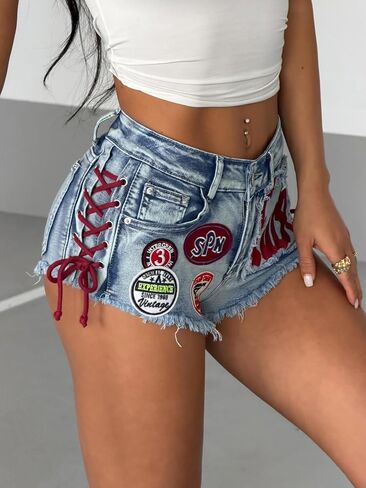 SweatyRocks Women's Y2K Denim Shorts Lace Up Raw Trim Mini Booty Jean Shorts Music Festival Outfits in Kuwait