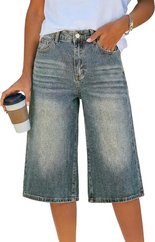 EMMIOL فضفاض Jorts للنساء مرونة عالية الخصر برمودا Y2k شورت جينز آلة قابل للغسل الصيف عادية طويلة الدينيم السراويل in Kuwait