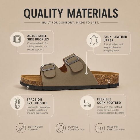 NHU Cork Footbed Sandals, Comfortable Double Buckle Slip-On with Arch Support Slides for Women Footwear in Saudi Arabia