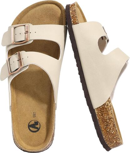 NHU Cork Footbed Sandals, Comfortable Double Buckle Slip-On with Arch Support Slides for Women Footwear in Saudi Arabia