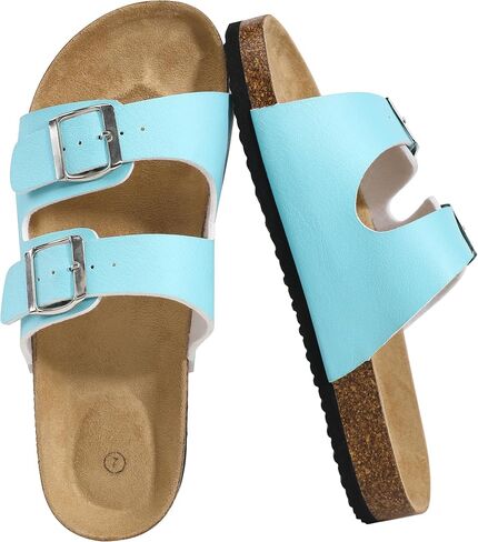 NHU Cork Footbed Sandals, Comfortable Double Buckle Slip-On with Arch Support Slides for Women Footwear in Saudi Arabia
