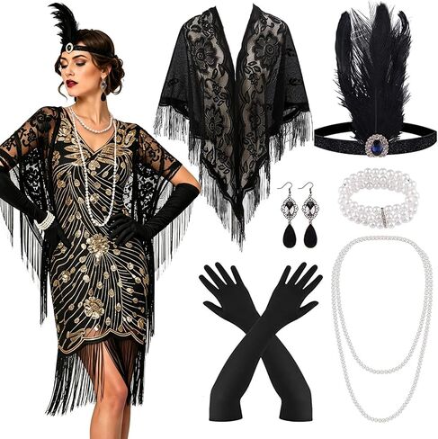 6 Pcs 1920s Flapper Accessories Set for Women,Roaring 20's Theme Party Costume Kit,Includes Feather Headband,Pearl Necklace and Bracelet,Earrings,Lace Shawl,and Gloves in Saudi Arabia