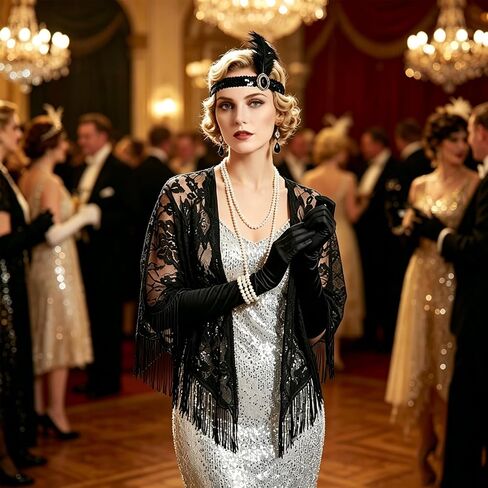 6 Pcs 1920s Flapper Accessories Set for Women,Roaring 20's Theme Party Costume Kit,Includes Feather Headband,Pearl Necklace and Bracelet,Earrings,Lace Shawl,and Gloves in Saudi Arabia
