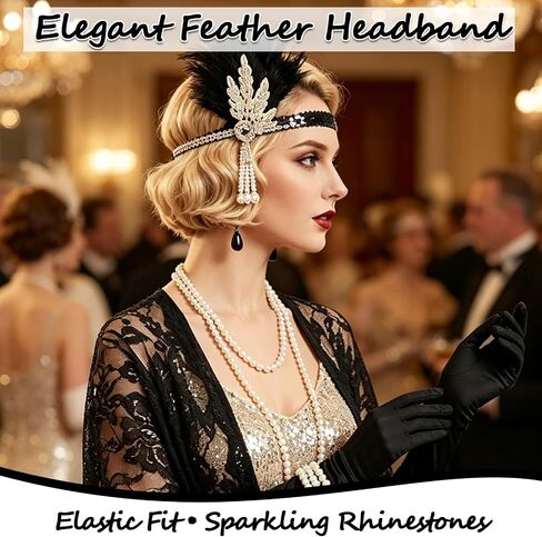 6 Pcs 1920s Flapper Accessories Set for Women,Roaring 20's Theme Party Costume Kit,Includes Feather Headband,Pearl Necklace and Bracelet,Earrings,Lace Shawl,and Gloves in Saudi Arabia