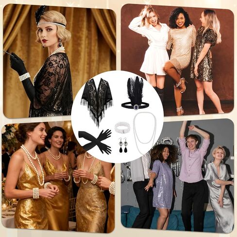 6 Pcs 1920s Flapper Accessories Set for Women,Roaring 20's Theme Party Costume Kit,Includes Feather Headband,Pearl Necklace and Bracelet,Earrings,Lace Shawl,and Gloves in Saudi Arabia