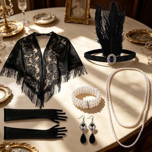 6 Pcs 1920s Flapper Accessories Set for Women,Roaring 20's Theme Party Costume Kit,Includes Feather Headband,Pearl Necklace and Bracelet,Earrings,Lace Shawl,and Gloves in Saudi Arabia