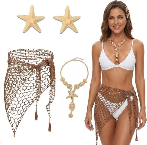 4PCS Mermaid Costume Accessories for Women, Shell Crochet Fishnet Cover Up Skirt, Starfish Hair Clips, Seashell Necklace in Saudi Arabia