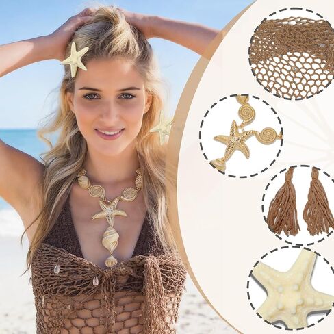 4PCS Mermaid Costume Accessories for Women, Shell Crochet Fishnet Cover Up Skirt, Starfish Hair Clips, Seashell Necklace in Saudi Arabia