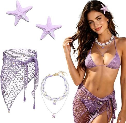 4PCS Mermaid Costume Accessories for Women, Shell Crochet Fishnet Cover Up Skirt, Starfish Hair Clips, Seashell Necklace in Saudi Arabia