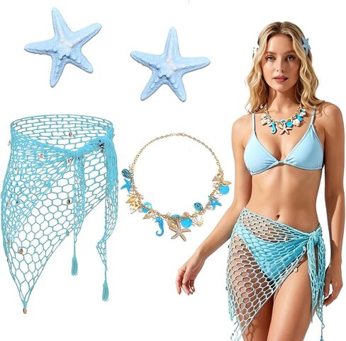 4PCS Mermaid Costume Accessories for Women, Shell Crochet Fishnet Cover Up Skirt, Starfish Hair Clips, Seashell Necklace in Saudi Arabia