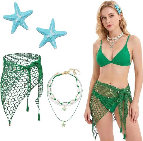 4PCS Mermaid Costume Accessories for Women, Shell Crochet Fishnet Cover Up Skirt, Starfish Hair Clips, Seashell Necklace in Saudi Arabia