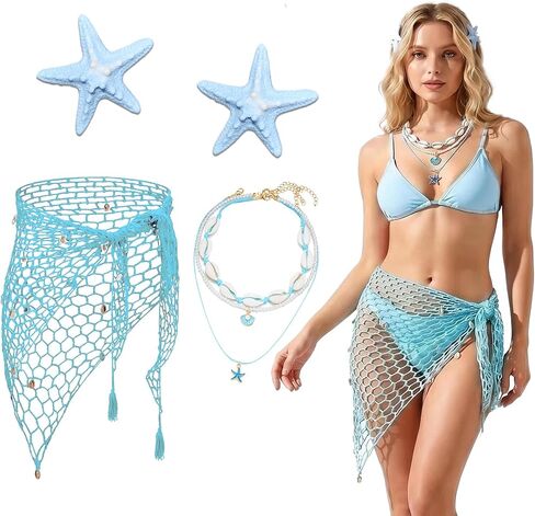 4PCS Mermaid Costume Accessories for Women, Shell Crochet Fishnet Cover Up Skirt, Starfish Hair Clips, Seashell Necklace in Saudi Arabia