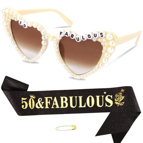 Chanaco 50th Birthday Decoration for Women 50 & Fabulous Birthday Queen Sash and Sunglasses Gold Pearl Heart Sunglasses Black Glitter Sash Gift Set Outfit for Party Decoration in Kuwait